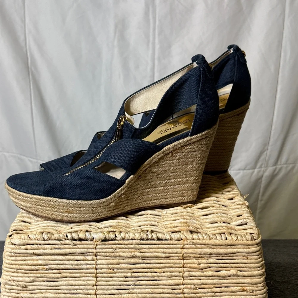 Michael Kors‎ Navy Canvas Espadrille Wedge Sandals Gold Zip Size 9.5